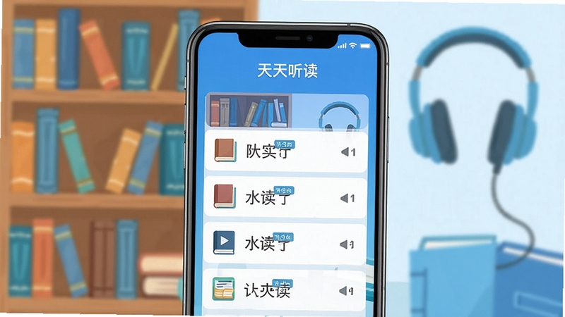 天天听读 软件主界面 手机屏幕中央展示听力播放列表 背景为书架与耳机元素 蓝色清新色调 扁平化设计风格