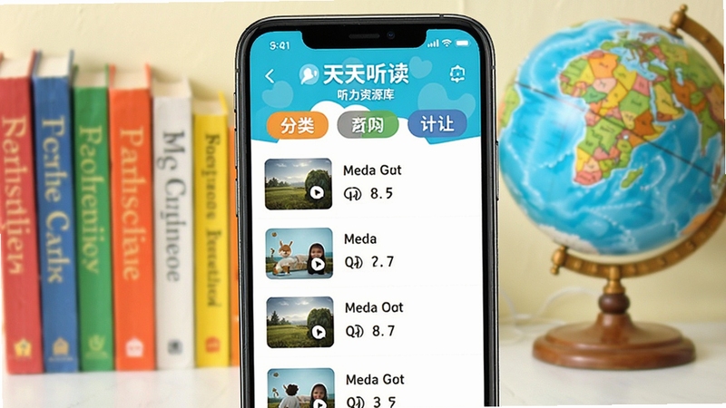 天天听读 听力资源库界面 手机屏幕中显示分类标签与音频列表 背景有英语书籍和地球仪 明亮活泼的配色