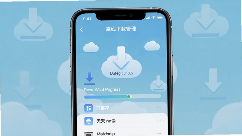 天天听读 离线下载管理界面 手机屏幕显示下载进度条与已缓存列表 背景有云朵和下载箭头图标 简约风格