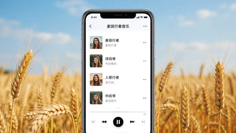 一款名为麦田行者的音乐播放器应用界面,画面中央展示手机屏幕,屏幕内呈现简洁的音乐播放列表与专辑封面,背景为温暖的麦田与蓝天,整体风格清新自然,适合软件下载站展示图