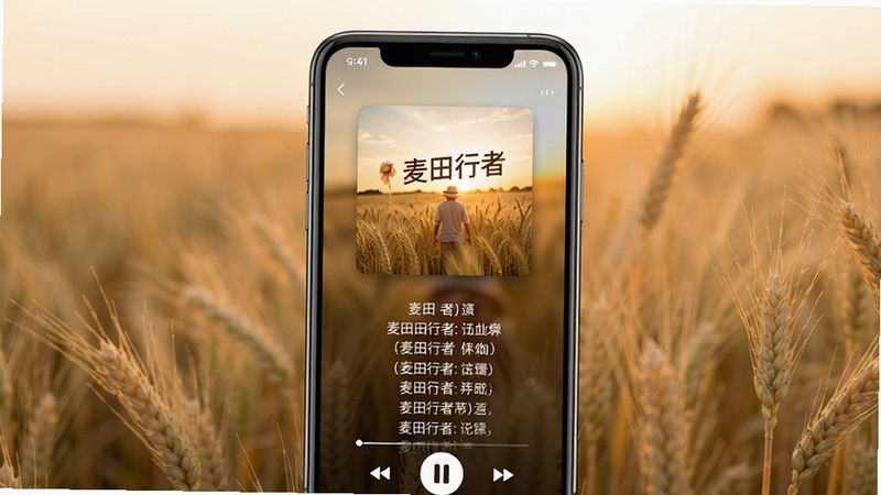 麦田行者简洁播放界面,手机屏幕显示专辑封面与滚动歌词,背景为虚化麦田风景,整体色调温暖柔和,突出无广告清爽体验,适合软件特色展示