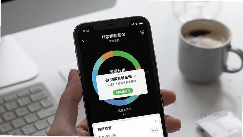 科索顿套餐查询页面,画面中心为手机屏幕显示流量环形图与到期提醒弹窗,背景为淡灰色办公桌面与咖啡杯,光线柔和,体现日常查询场景,科索顿界面清晰可见