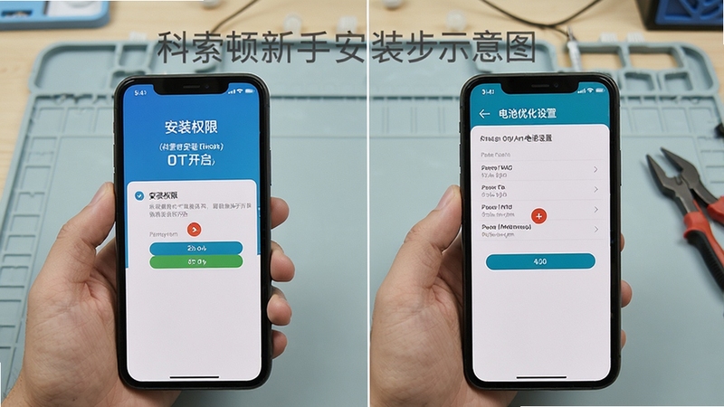 科索顿新手安装步骤示意图,画面为手机屏幕分屏展示安装权限开启与电池优化设置界面,背景为简洁的浅色工作台,突出科索顿安装过程中的关键操作节点,风格清晰易懂