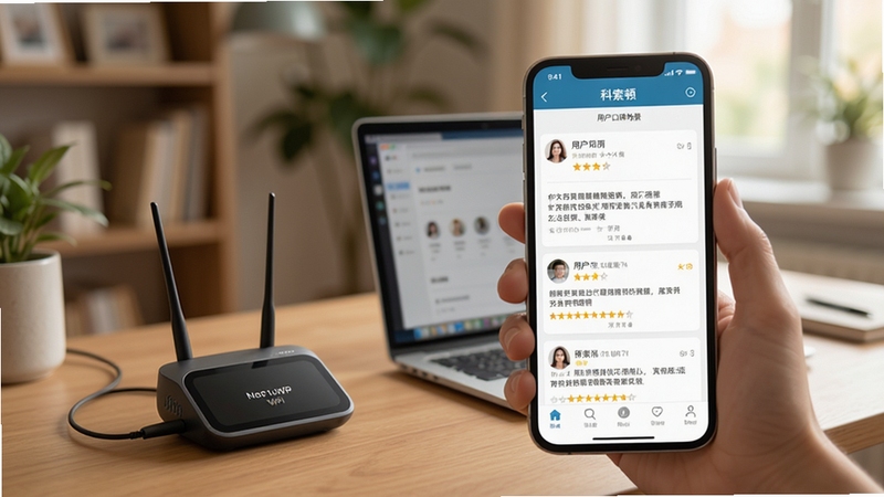 科索顿用户口碑场景图,画面为手机屏幕展示科索顿App内的用户评价与评分界面,背景为温馨的居家办公环境,桌上放着随身WiFi设备,光线自然,体现真实使用氛围