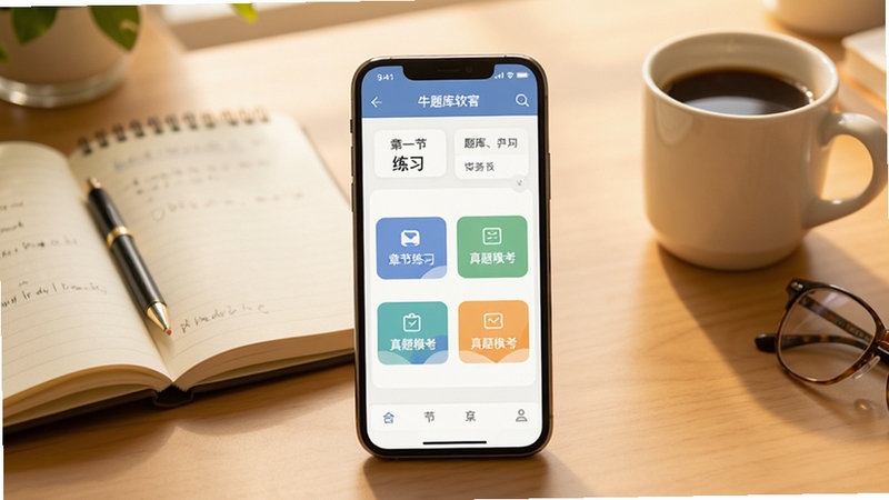 社区工作者牛题库软件主界面全貌展示,画面中心为手机屏幕显示题库练习页面,包含章节练习和真题模考入口,背景为书桌场景,有笔记本和咖啡杯,整体色调温暖明亮,适配Boogu模型生成