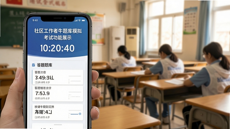 社区工作者牛题库模拟考试功能展示,手机屏幕显示考试倒计时和答题卡界面,背景为考场桌椅场景,光线柔和,画面突出考试氛围