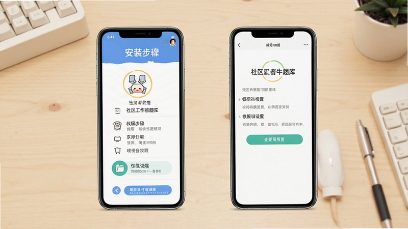 社区工作者牛题库使用教程示意图,手机屏幕展示安装步骤和权限设置界面,背景为浅色桌面,画面简洁清晰