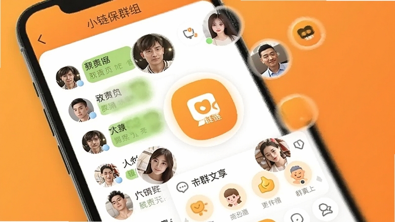 小链群组聊天界面,手机屏幕显示群成员列表和群文件共享区域,画面中有多个用户头像围绕中心的小链图标,背景为温暖的橙色调,体现社群互动氛围