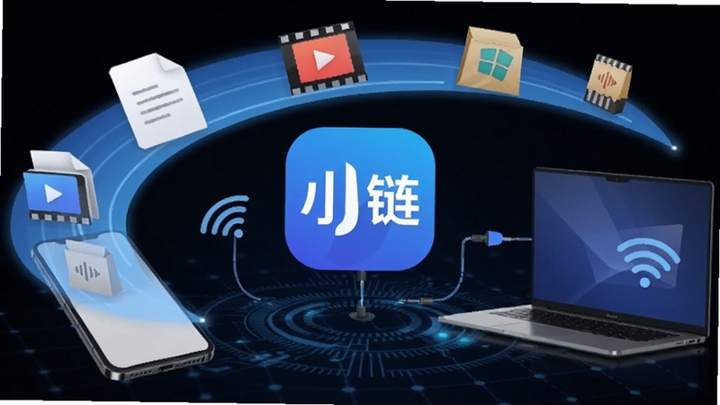 小链软件文件传输场景,手机与电脑之间通过无线信号连接,空中悬浮着文档、视频、压缩包等图标沿着光带快速移动,背景为深色科技感网格,画面中央醒目显示小链Logo,突出极速传输概念