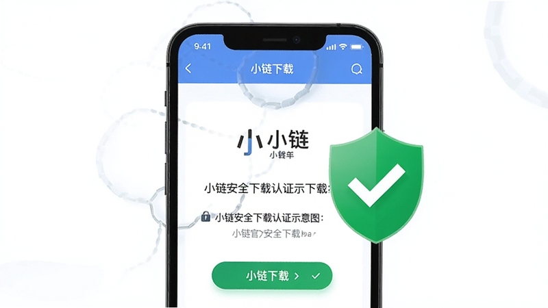 小链安全下载认证示意图,画面中央是手机屏幕显示小链下载页面,旁边有绿色盾牌和勾选标记,背景为白色简洁风格,突出官方安全下载