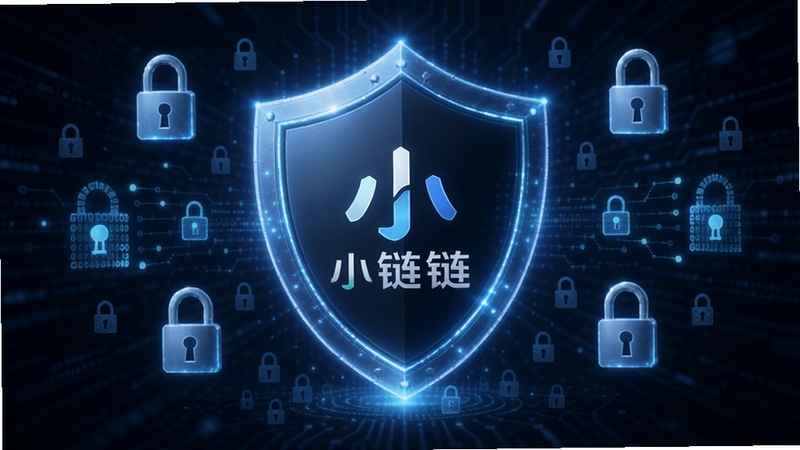 小链安全加密概念图,画面中央是一个发光的盾牌,盾牌内部有小链Logo,周围环绕着锁形图标和数据加密符号,背景为深蓝色科技纹理,突出安全防护主题