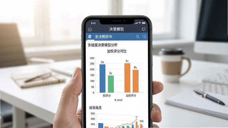 决策狮软件界面展示多维度决策模型分析图表,画面主体为手机屏幕显示加权评分对比图,背景为简洁办公桌面,光线明亮柔和