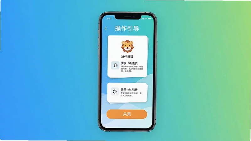决策狮软件操作引导界面,画面主体为手机屏幕显示卡片式步骤引导与简洁按钮,背景为纯色渐变,风格清新明快