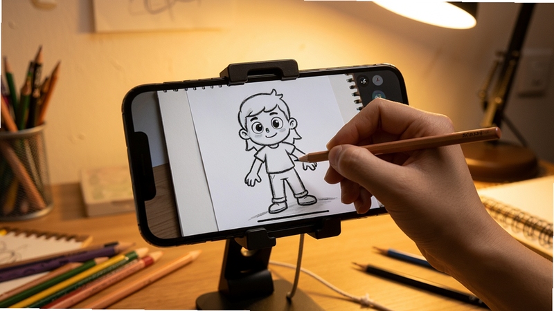 描迹AR绘画AR投射功能演示,手机架在支架上,屏幕中显示卡通人物轮廓线叠加在素描纸上,手拿铅笔正在描摹,背景为暖色调桌面,画面细节丰富,突出增强现实绘画辅助效果