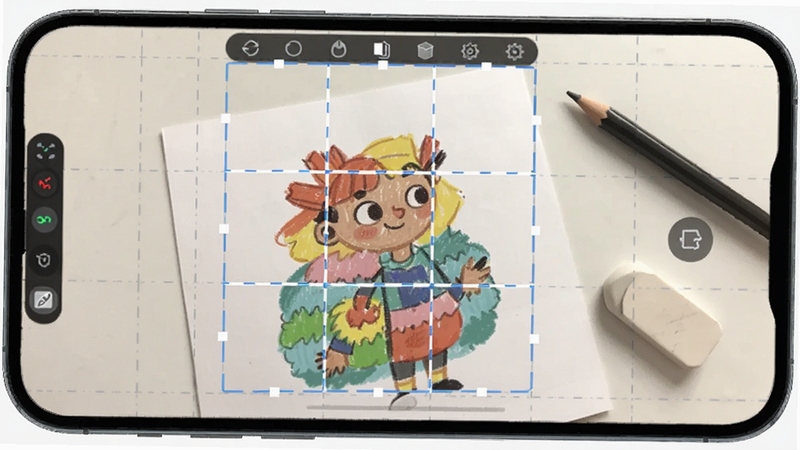 描迹AR绘画多模式辅助界面,手机屏幕显示网格线与九宫格叠加在画纸上,旁边有铅笔和橡皮,画面简洁明亮,突出绘画辅助工具功能,适配Boogu模型生成