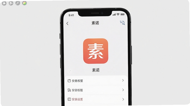 素诺APP安装权限设置界面示意图,画面主体为手机设置页面与素诺图标,背景为浅灰色极简风格,适配Boogu模型生成