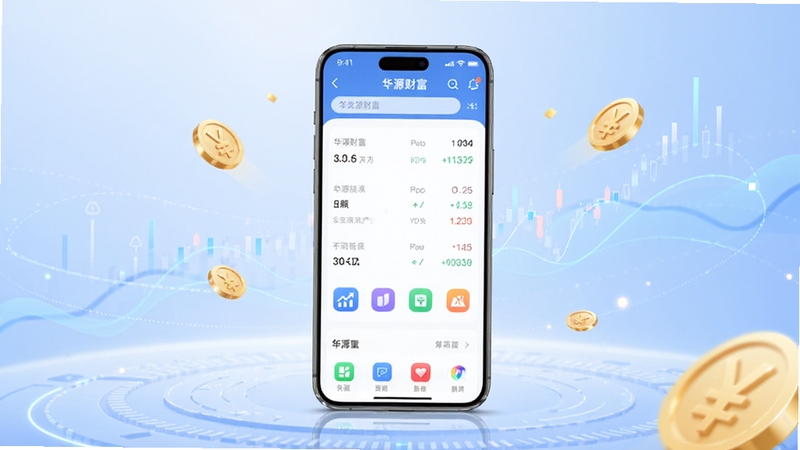 画面中央是一部竖屏智能手机,屏幕上显示华源财富应用主界面,包含行情列表与功能图标,背景为浅蓝色渐变科技感空间,四周点缀抽象的数据曲线和金币元素,整体风格简洁明亮,适合软件下载站展示。