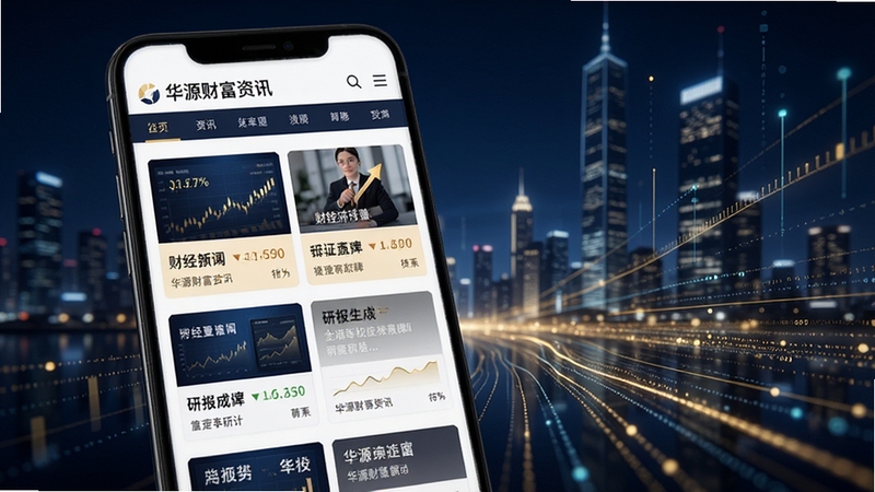 画面展示华源财富资讯页面,手机屏幕中排列着财经新闻卡片和研报摘要,背景是抽象的城市夜景与数据流光线,主色调为深蓝与金色,突出专业资讯氛围。