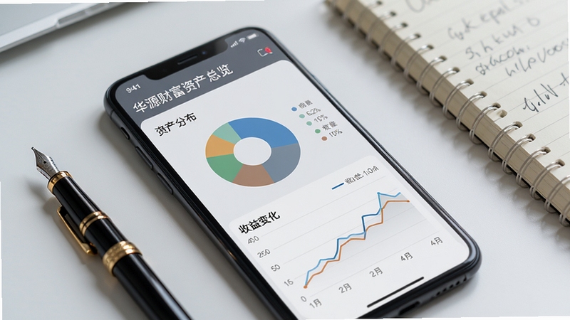 手机屏幕中华源财富资产总览页面,饼图与折线图清晰展示资产分布和收益变化,背景为淡灰色极简风格,桌面放置一支钢笔和笔记本,体现理财规划场景。