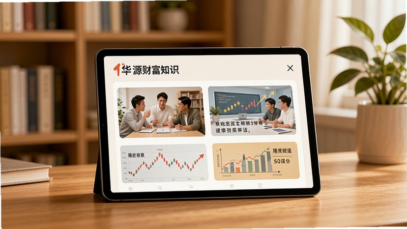 一部平板设备立在木质桌面上,屏幕中华源财富知识栏目显示图文并茂的理财科普内容,背景为温馨书房环境,书架与绿植点缀,整体色调温暖舒适。