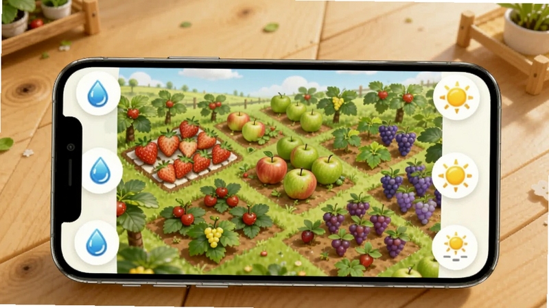 优小贝果园 云端种植界面截图,画面展示手机屏幕内一片茂盛的果园,不同地块种着草莓、苹果、葡萄等作物,屏幕边缘有水滴和阳光图标,体现互动操作,背景是温馨的木质桌面