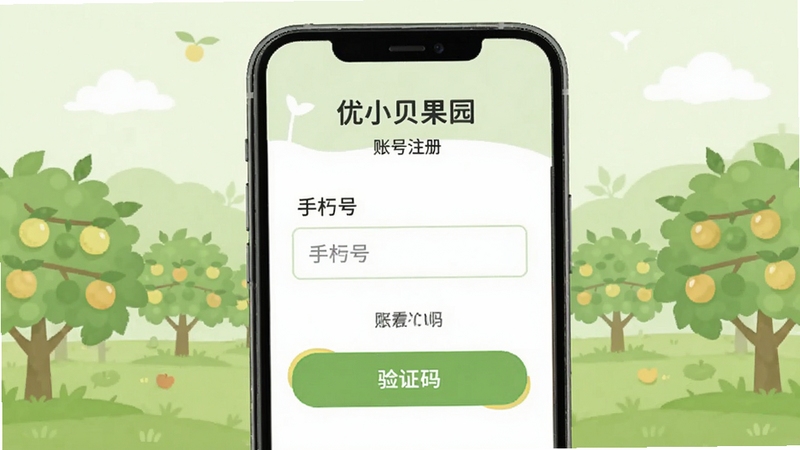优小贝果园 账号注册界面示意图,画面展示一个简洁的手机注册表单,包含手机号输入框和验证码按钮,背景是淡绿色的果园剪影,风格清爽