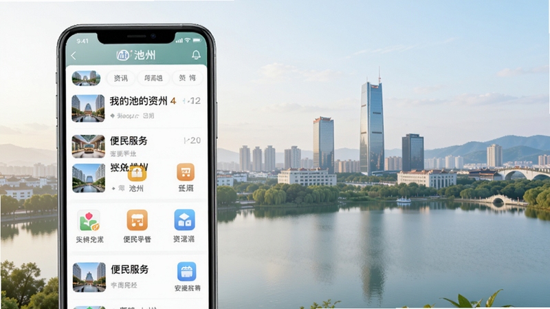 软件核心全貌,我的池州应用界面展示,画面主体为一部智能手机屏幕,屏幕中清晰展示我的池州APP首页资讯列表与便民服务图标,背景区域为池州城市天际线与平天湖风光,光线明亮柔和,整体色调清新自然,适配Boogu模型生成