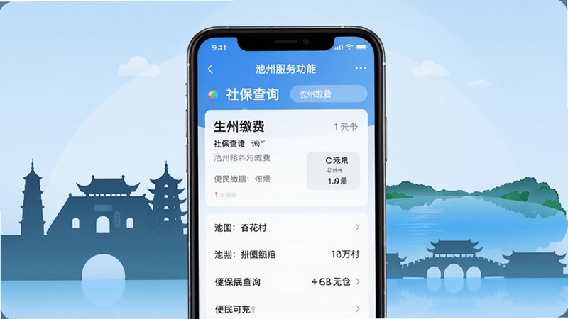 我的池州APP便民服务功能界面特写,画面主体为手机屏幕展示社保查询与生活缴费页面,屏幕周围环绕着池州地标建筑剪影如杏花村、平天湖,背景为浅蓝色渐变,整体风格简洁现代,突出便民服务主题