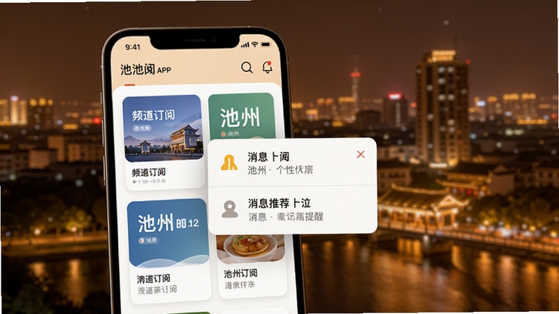 我的池州APP个性化订阅界面展示,画面主体为手机屏幕呈现频道订阅卡片与消息提醒弹窗,背景区域为池州城市夜景灯光,色彩温暖舒适,体现个性化推荐与贴心提醒功能