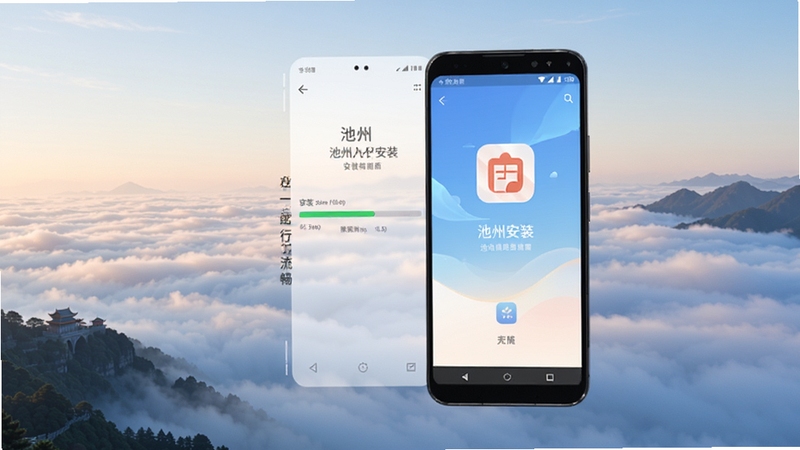 我的池州APP在安卓手机上的安装与运行界面展示,画面主体为手机屏幕显示安装进度条与APP启动画面,背景区域为池州九华山云海景观,色调宁静祥和,突出安装适配与运行流畅主题