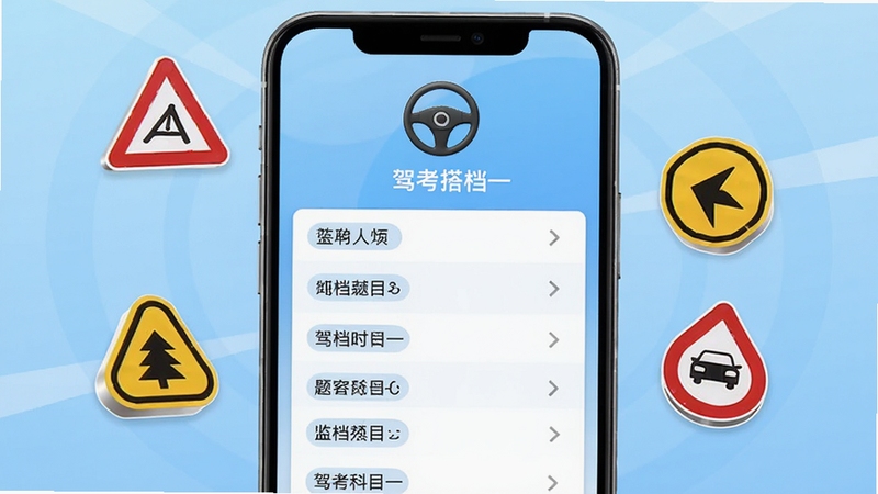 驾搭档 软件主界面展示 手机屏幕中央显示驾考科目一题库列表 背景为浅蓝色渐变 顶部有方向盘图标 周围环绕交通标志元素 整体风格清爽简洁