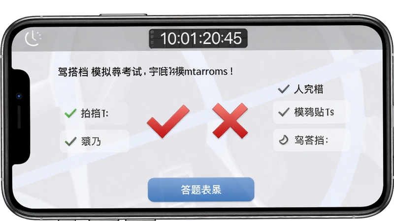 驾搭档 模拟考试界面 手机横屏显示考试题目与选项 顶部计时器倒计时 底部答题卡按钮 背景为淡灰色 画面中央有红色对勾和叉号标记 风格写实