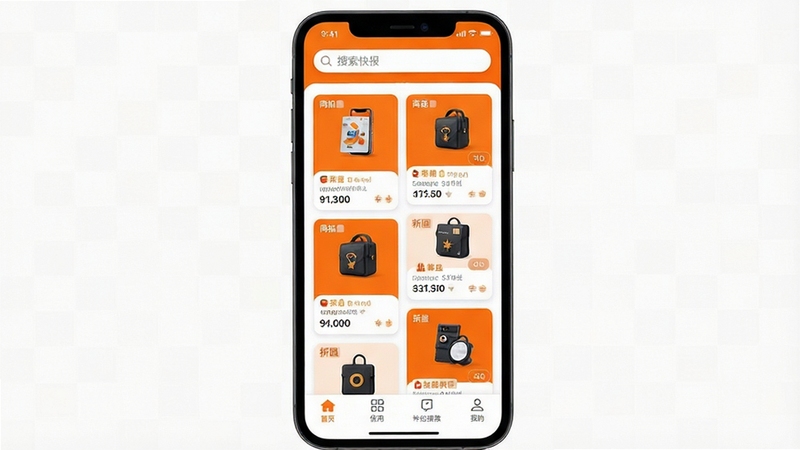折扣快报 手机应用主界面 商品优惠卡片瀑布流 明亮橙色调 背景为简洁白色 主体位于画面中央 顶部搜索栏与底部导航栏清晰可见