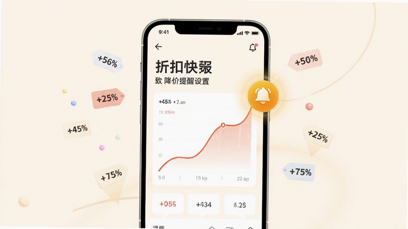 折扣快报 降价提醒设置页面 手机屏幕显示价格曲线图 铃铛图标高亮 背景为柔和米白色 主体位于画面中央 周围有细小折扣标签漂浮