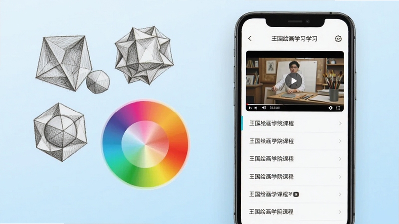 �����滭ѧԺ�γ�ѧϰ���棬�ֻ���Ļ��ʾ��Ƶ���Ŵ������½��б�������һ��Ư�������輸������ɫ������Ԫ�أ�����Ϊ����ɫ���䣬���������¼��