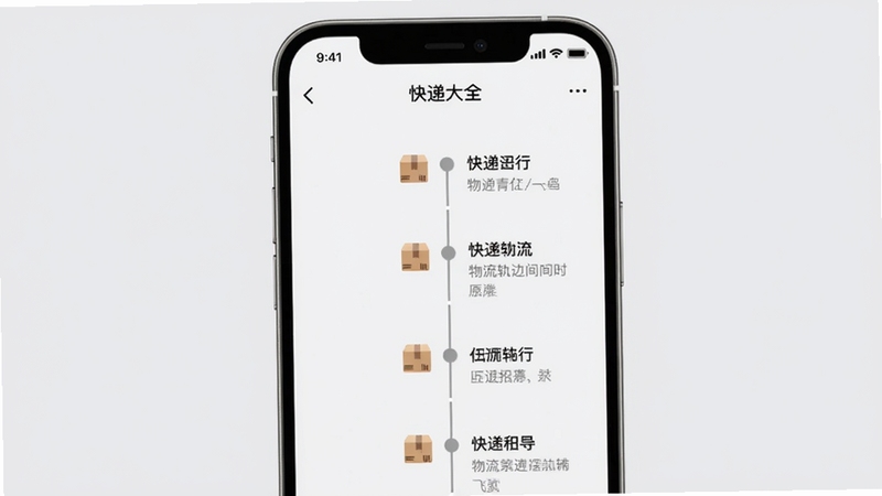 快递大全物流轨迹时间轴展示效果图,手机屏幕内显示垂直时间线,每个节点带有小包裹图标和文字描述,背景为淡灰色,整体风格简洁清爽,画面主体为手机展示物流详情页,快递大全字样出现在顶部栏