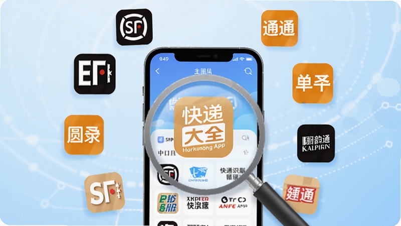 快递大全智能识别快递单号界面,手机屏幕显示多个快递公司图标环绕一个放大镜,背景为浅蓝色科技感渐变,扁平化设计风格,画面中心为快递大全APP主界面,周围漂浮顺丰中通圆通韵达等快递logo,光线明亮柔和