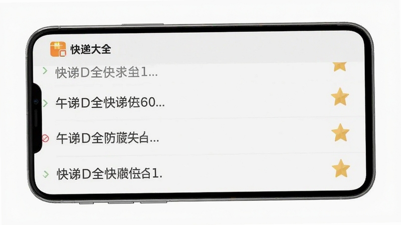 快递大全历史记录与收藏功能展示图,手机界面显示多条快递单号记录,右侧带有星标收藏图标,背景为浅灰色,整体布局干净整洁,快递大全logo位于页面左上角