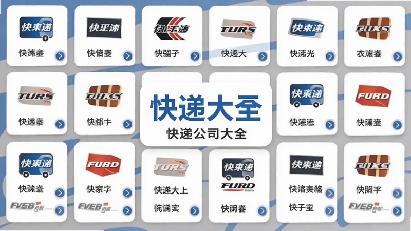 快递大全快递公司列表页面截图风格图,展示整齐排列的快递品牌图标与名称,背景为白色卡片式布局,每个条目带有小箭头,画面中央为快递大全的快递公司大全模块,色彩以蓝色和灰色为主
