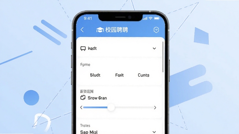 校园聘APP职位搜索与筛选界面展示图,画面主体为手机屏幕内呈现校园聘应用的职位筛选页面,包含城市选择、行业分类、薪资范围滑动条等交互控件,背景区域为淡蓝色渐变与抽象几何图形,整体风格现代简约,适配Boogu模型生成