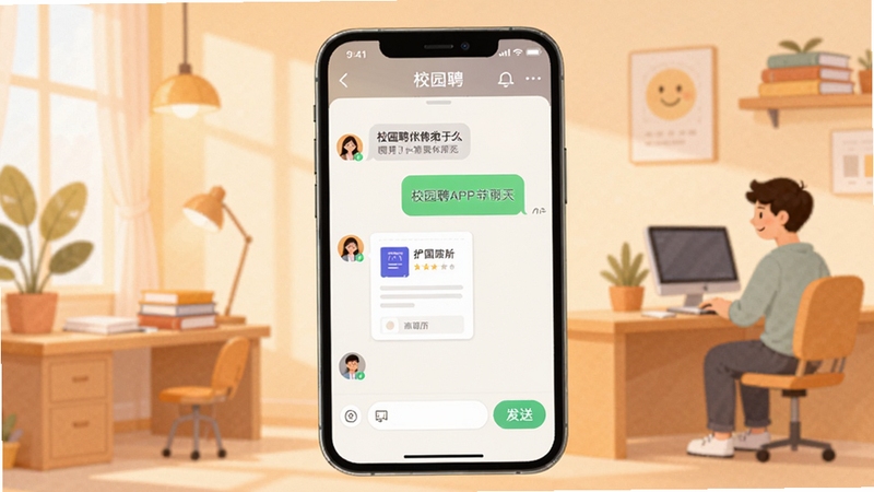 校园聘APP在线聊天界面展示图,画面中央为手机屏幕内呈现校园聘应用的聊天对话窗口,包含文字气泡、简历附件卡片与发送按钮,背景区域为柔和暖色调与办公场景插画,整体风格亲切友好,适配Boogu模型生成