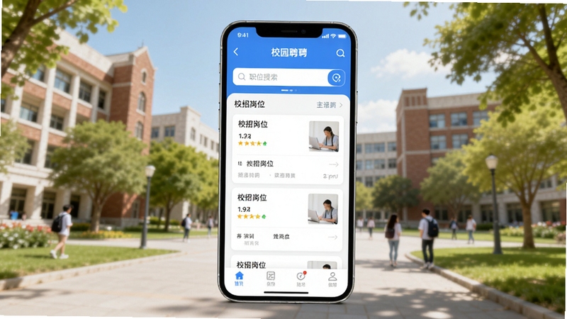 校园聘APP主界面展示图,画面中央为手机屏幕内呈现校园聘应用首页,界面包含职位搜索栏、校招岗位卡片列表与底部导航栏,背景区域为明亮的大学校园场景,有教学楼与绿树元素,整体风格清新简洁,适配Boogu模型生成