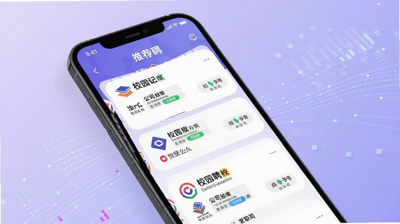 校园聘APP个性化推荐页面展示图,画面主体为手机屏幕内呈现校园聘应用的推荐职位卡片流,包含职位名称、公司Logo与匹配度标签,背景区域为浅紫色渐变与数据流动线条,整体风格科技感与活力并存,适配Boogu模型生成