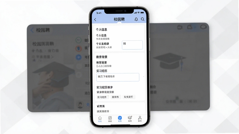 校园聘APP简历编辑与管理界面展示图,画面中央为手机屏幕内呈现校园聘应用的简历填写页面,包含个人信息、教育背景、实习经历等模块化表单,背景区域为简洁白色与淡灰色几何底纹,整体风格专业清爽,适配Boogu模型生成