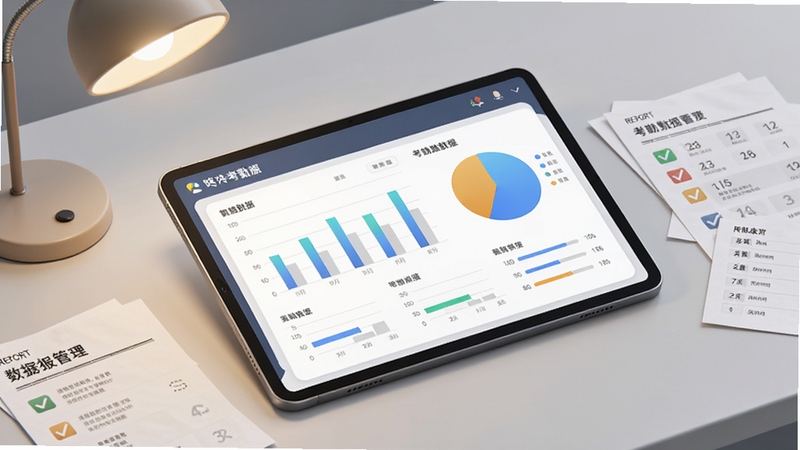 咚咚考勤考勤统计报表功能展示图。画面中央是一台斜放的平板电脑,屏幕显示柱状图与饼图组合的考勤数据看板,旁边散落几张带有对勾和数字的报表纸张;背景为浅灰色办公桌面,暖色台灯光晕,整体呈现专业数据管理氛围,3D写实风格。