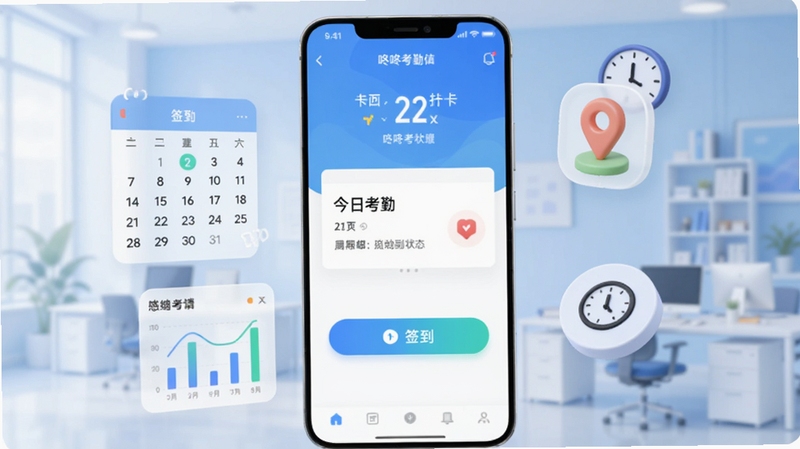 画面中央是一台竖屏安卓手机,屏幕上显示咚咚考勤app的打卡首页,包含醒目的签到按钮与今日考勤状态卡片;手机左侧悬浮半透明的日历与统计图表元素,右侧飘浮定位图标与时钟图标;背景为浅蓝色渐变办公场景虚化,整体风格简洁明亮,3D渲染质感,适合作为软件下载站头图。