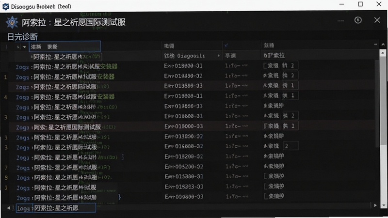 阿索拉:星之祈愿国际测试服安装器 日志诊断界面,画面展示日志列表与错误高亮标记,背景为深色代码风格,突出诊断工具的专业感,适配Boogu模型生成