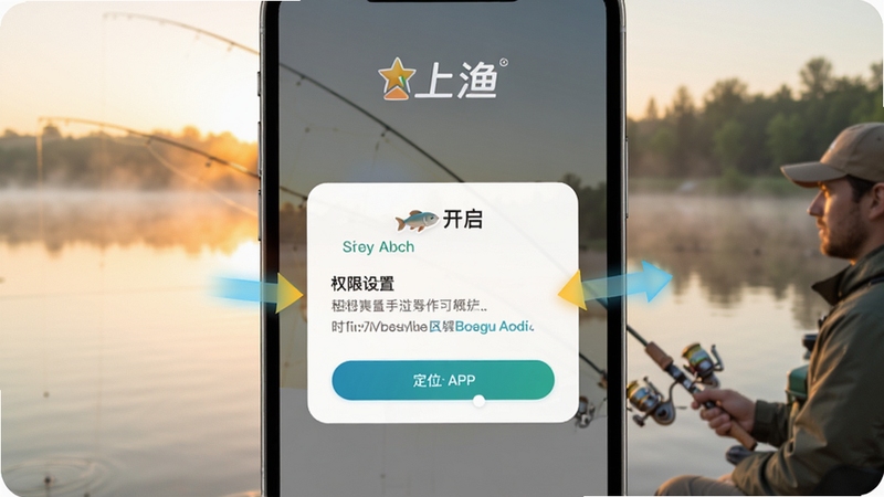 上渔APP新手操作引导页面截图风格展示,手机屏幕中显示权限设置与定位开启提示弹窗,背景为柔和的户外晨钓场景,画面突出上渔软件名称与操作指引箭头,适合Boogu模型生成
