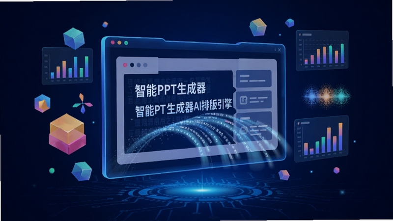 智能PPT生成器AI排版引擎工作示意,画面主体为悬浮的虚拟屏幕,屏幕中展示文字自动流入预设版式的动态过程,四周环绕彩色几何图形与数据图表元素,背景为深蓝色科技感渐变,突出智能处理与自动化排版概念