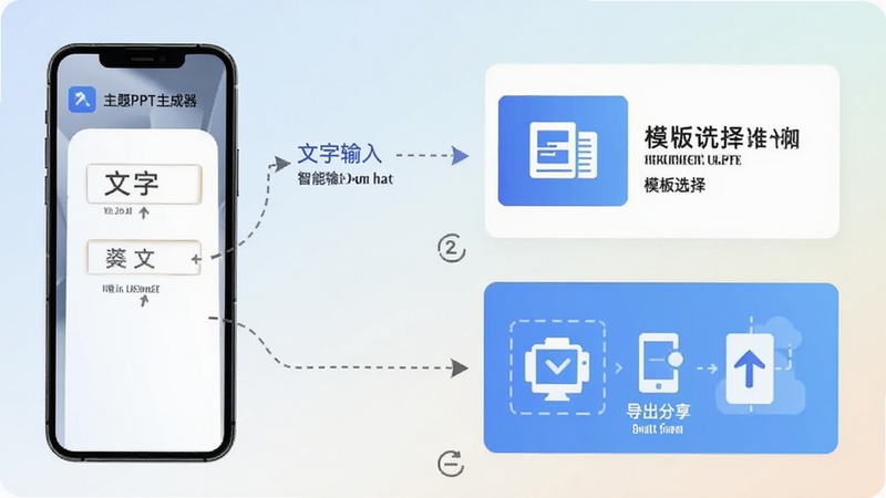 智能PPT生成器使用操作流程图解,画面展示手机屏幕从输入主题到生成演示文稿的四个步骤,依次为文字输入、模板选择、自动排版、导出分享,每个步骤配有简洁图标与短文字说明,背景为柔和浅色渐变,整体风格清新易懂